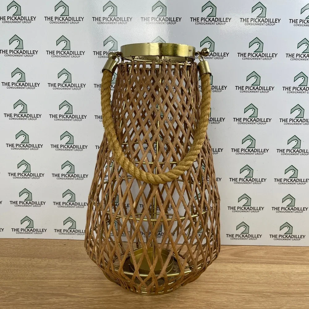 Allen + Roth Woven Rattan Gold Metal Pillar Candle Outdoor Decorative Lantern